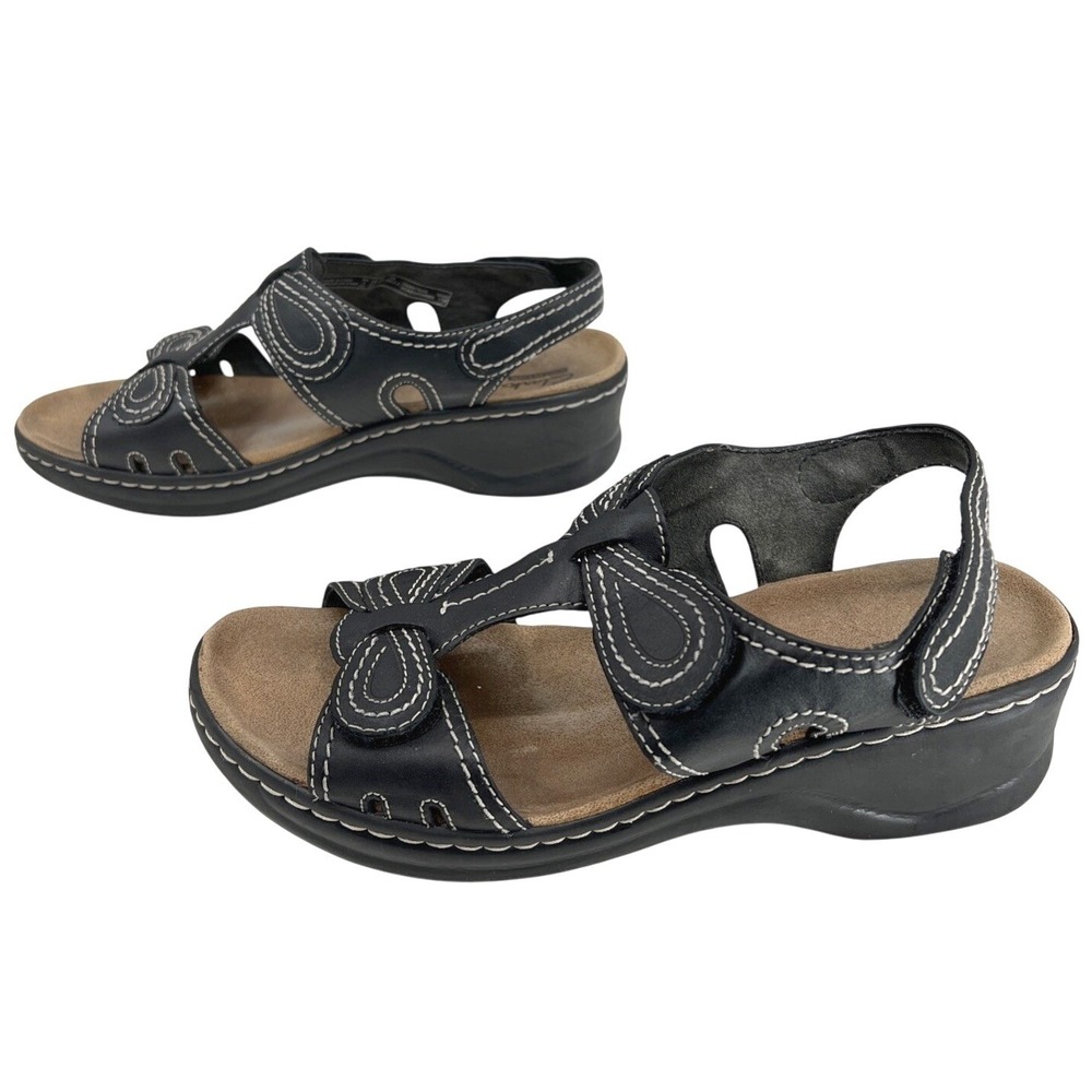 Clarks Lexi Walnut Q Sandals Womens 8.5 Black Leather Wedge Bows Comfort Shoes